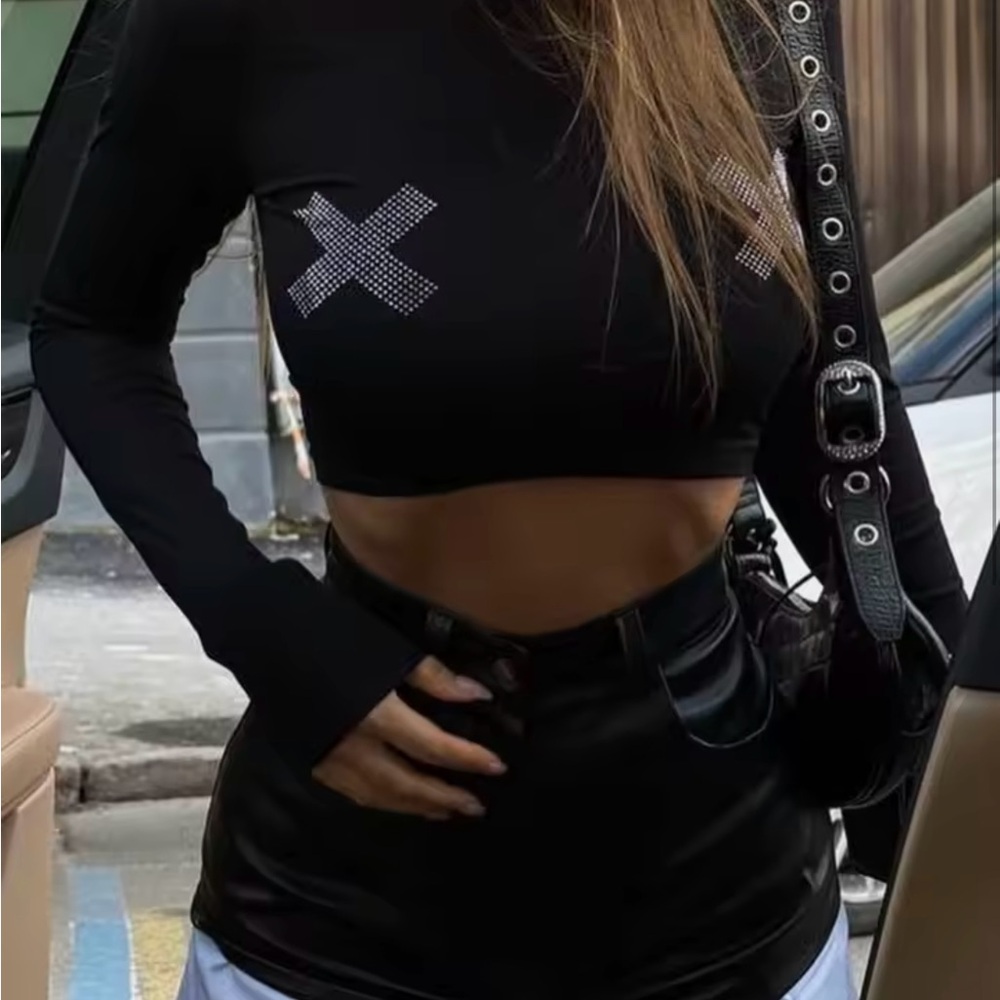 Black Long Sleeve Fitted Crop Top with rhinestone X on boobs